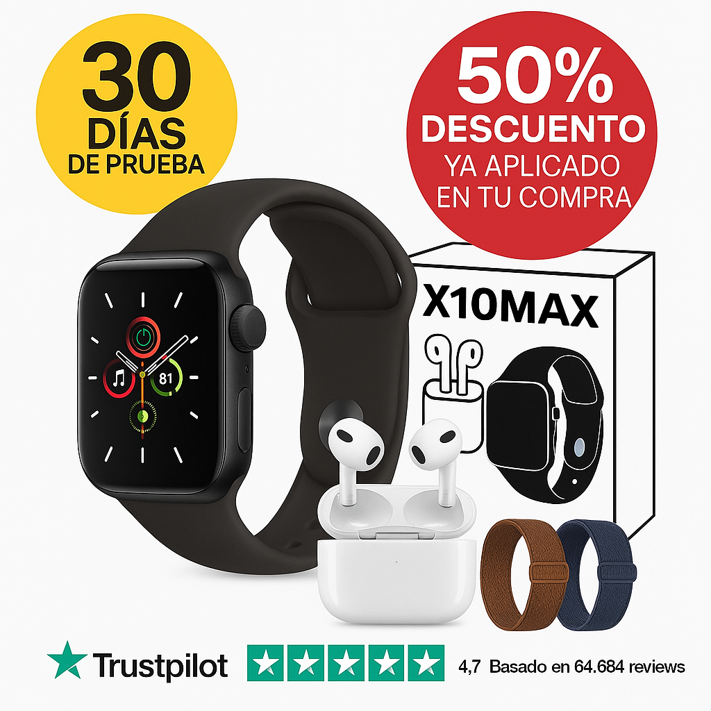Smartwatch X10MAX – Control total de tu salud cada día, en tu muñeca (Pulsómetro, batería duradera, sincronización con tu móvil, 2 correas y Auriculares Inalámbricos de regalo) + Envío Gratis