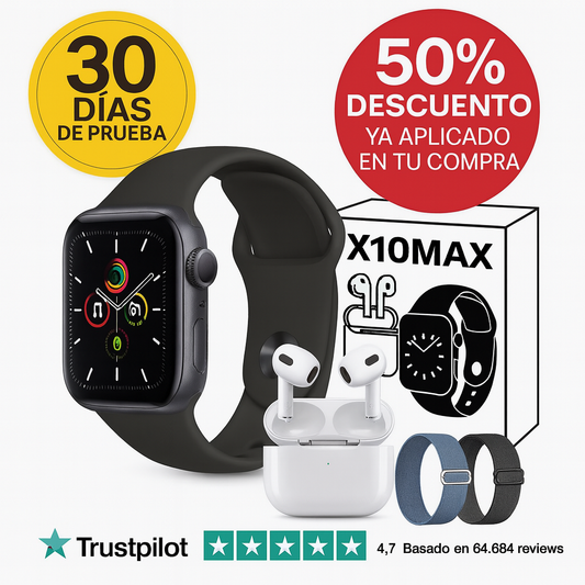 Smartwatch X10MAX – Siempre conectado y en control, sin sacar el móvil (Pulsómetro, batería duradera, sincronización con tu móvil, 2 correas y Auriculares Inalámbricos de regalo) + Envío Gratis
