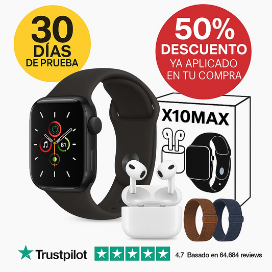 Smartwatch X10MAX – Control total de tu salud cada día, en tu muñeca (Pulsómetro, batería duradera, sincronización con tu móvil, 2 correas y Auriculares Inalámbricos de regalo) + Envío Gratis