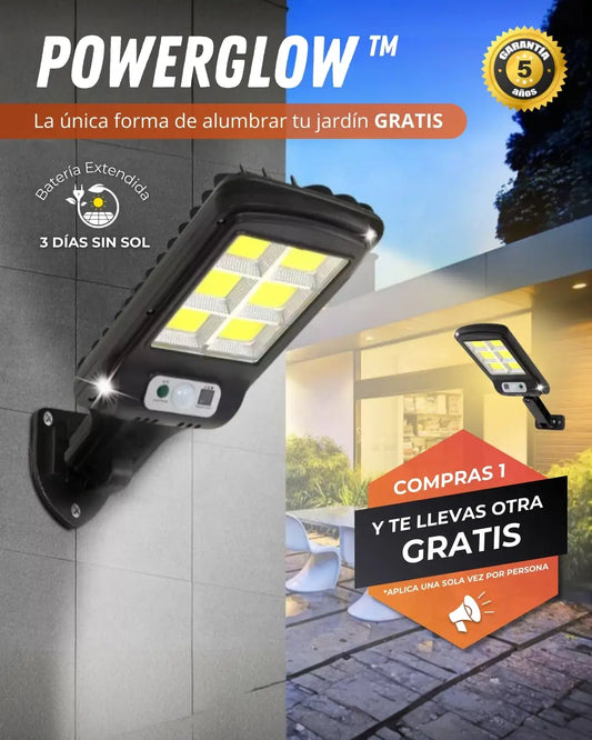 1 + 1 GRATIS | PowerGLOW Profesional™ - La única lampará solar con batería extendida. (Incluye soporte, sensor movimiento, anti-lluvia, 3 modos de luz y mando).